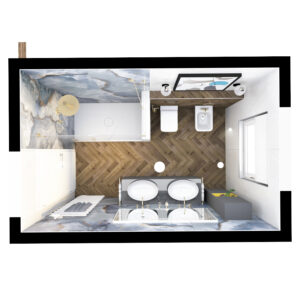 Elegantes Badezimmer mit Villeroy & Boch Doppelwaschtisch, WC, Dusche und Kermi Handtuchheizkörper.