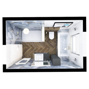 Ein Traum aus Holz und Marmor zeigt Villeroy & Boch Keramik und Badmöbel und die dazu passende Badewanne und Dusche.