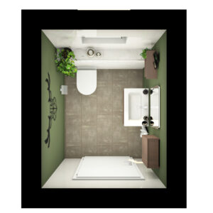 Web_forest_Grundriss-badidee-01-badista Vogelperspektive eines modernen Gäste WC`s mit Handwaschbecken, grünem Akzent und minimalistischer Einrichtung.