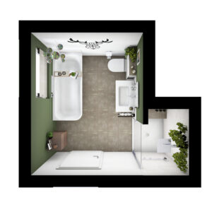 Web_forest_Grundriss-badidee-03-badista Vogelperspektive eines modernen Badezimmers mit Badewanne, Dusche, grünem Akzent und minimalistischer Einrichtung
