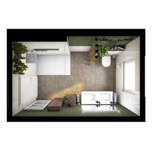 Web_forest_Grundriss-badidee-04-badista Vogelperspektive eines modernen Badezimmers mit großer begehbarer Dusche, grünem Akzent und minimalistischer Einrichtung.