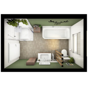 Web_forest_Grundriss-badidee-05-badista Vogelperspektive eines modernen Badezimmers mit Badewanne, Dusche, grünem Akzent und minimalistischer Einrichtung.