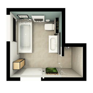 Web_frame_Grundriss-badidee-03-badista Modernes Badezimmer mit Badewanne, Waschtisch, Dusche, Toilette und stilvollen Details in elegantem Layout.