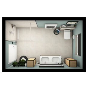 Web_frame_Grundriss-badidee-04-badista Modernes Badezimmer mit Doppelwaschtisch, begehbarer Dusche, Toilette und stilvollen Details in elegantem Layout.