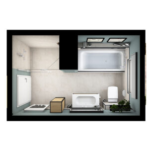 Web_frame_Grundriss-badidee-05-badista Modernes Badezimmer mit Badewanne, Dusche, Toilette und stilvollen Details in elegantem Layout.