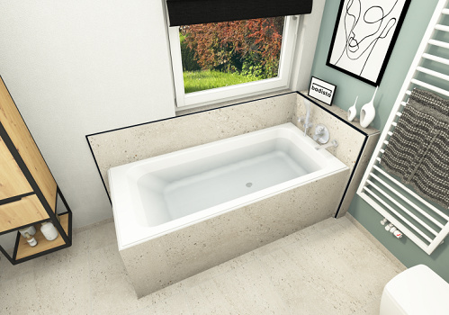 Stilvolles Badezimmer mit rechteckiger Bette Badewanne, moderner Steinverkleidung und großem Fenster für natürlichen Lichteinfall.