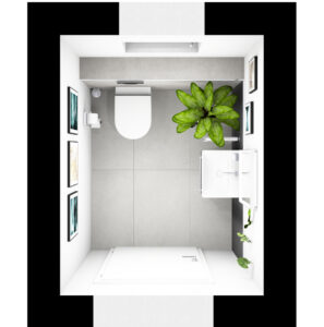 Modernes Gäste WC mit Handwaschbecken, großformatigen grauen Fliesen, grüner Pflanze und Wandbildern.