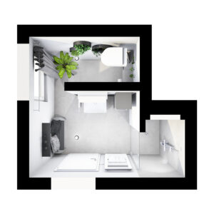 Kompaktes, modernes Badezimmer mit bodengleicher Dusche, Pflanzen-Dekoration und grauen Akzenten aus der Vogelperspektive.