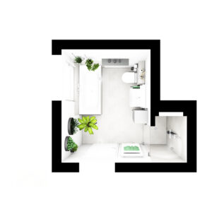 Modernes Badezimmer mit Badewanne, Dusche und grüner Pflanzendekoration, helle Fliesen und klare Linien.