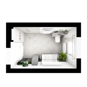 Modernes Badezimmer mit hellen Fliesen, Doppelwaschbecken, bodengleiche Dusche und stilvolle Pflanzendekoration.