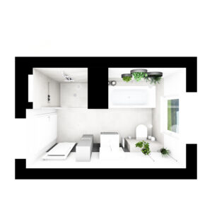 Modernes Badezimmer mit Badewanne, hellen Fliesen, Doppelwaschbecken und grüner Pflanzendekoration, von oben betrachtet.