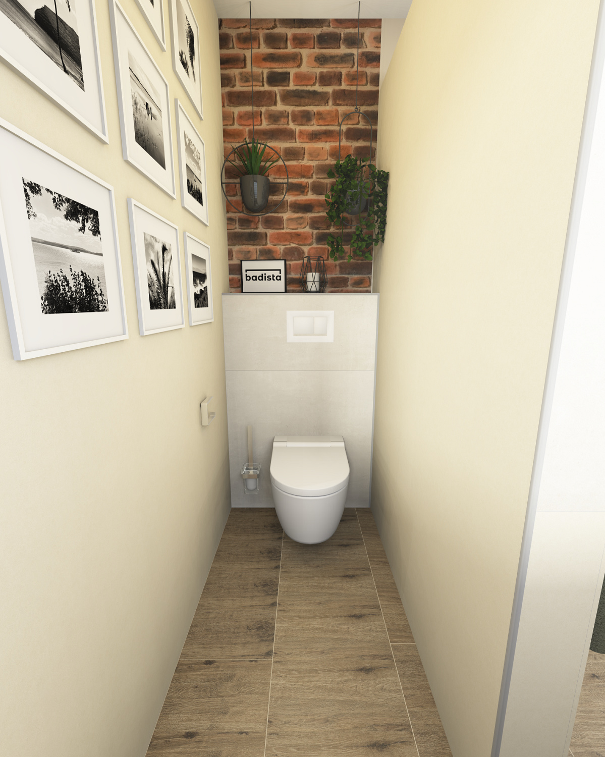 Web-loft-badidee-dusch-wc-1200×1500-badista Stilvolles Loft Badezimmer mit Ziegelwand, wandhängender Geberit Toilette, Holzfußboden und dekorativen Bildern an der Wand.