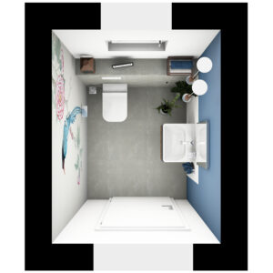 Modernes Gäste WC mit blauer Akzentwand, Vogel-Wandbild, Handwaschbecken und stilvollen Pflanzen.