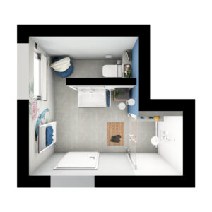 Modernes Badezimmer mit blauer Akzentwand, großer Dusche und stilvoller Dekoration für ein harmonisches Design.