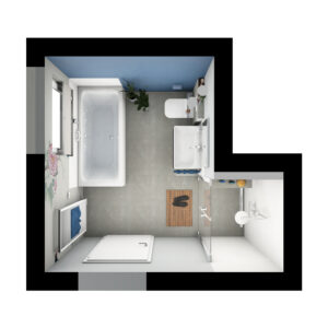 Modernes Badezimmer mit blauer Akzentwand, großer Dusche, Badewanne und stilvoller Dekoration für ein harmonisches Design.