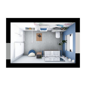 Moderne Badezimmeransicht von oben mit begehbarer Dusche, Holzschränken und stilvoller Pflanzendekoration.