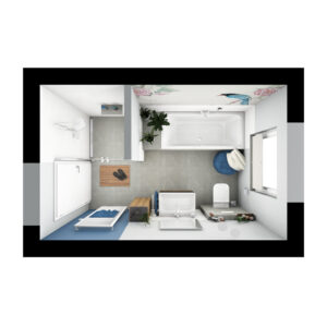 Moderne Badezimmeransicht von oben mit Badewanne, Dusche, Holzschränken und stilvoller Pflanzendekoration.