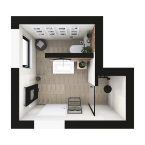 Loft Badezimmer mit großer Dusche, Bette Waschtisch, Holzboden und Dekoration im Industrial-Stil.