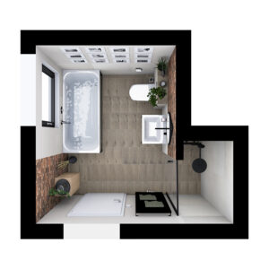 Loft Badezimmer mit großer Dusche, Bette Badewanne und Waschtisch, Holzboden und Dekoration im Industrial-Stil.