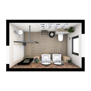 Loft Badezimmer mit begehbarer Dusche, Bette Waschtischen, Holzboden und Dekoration im Industrial-Stil.