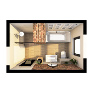 Modernes Loft Badezimmer mit Ziegelwand, freistehender Badewanne, Holzboden und passender Badausstattung.